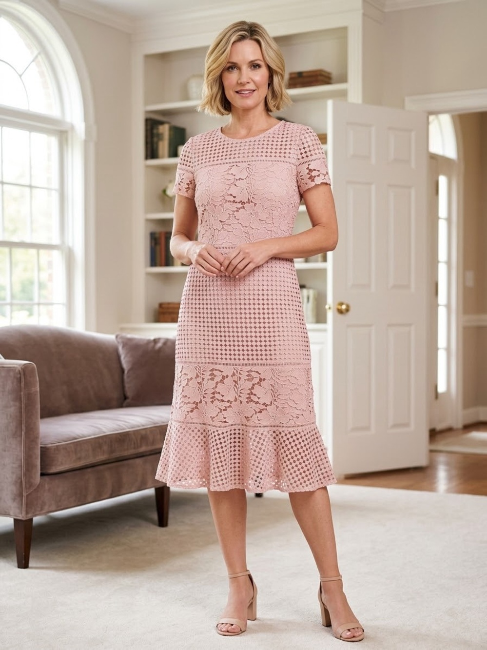 Talbots Blush Lace & Eyelet Midi Dress
